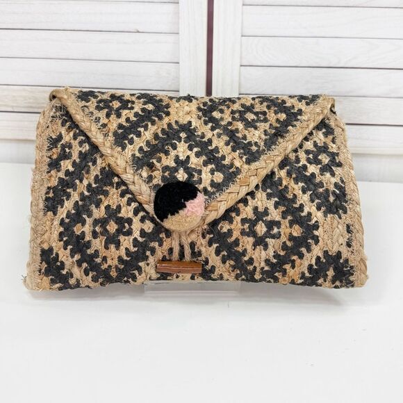 America & Beyond Printed Woven Jute Boho Envelope Clutch Bag Tan Black - Picture 12 of 12
